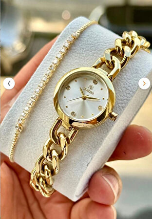 Bileklik Görünümlü Gold Kadın Kol Saati/ Çelik Zicir Kol Saati