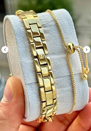 Bileklik Görünümlü Gold Dikdörtgen Kasa Kadın Kol Saati