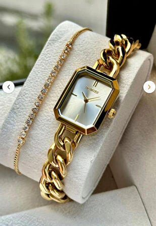 Bileklik Görünümlü Gold Dikdörtgen Kasa Kadın Kol Saati