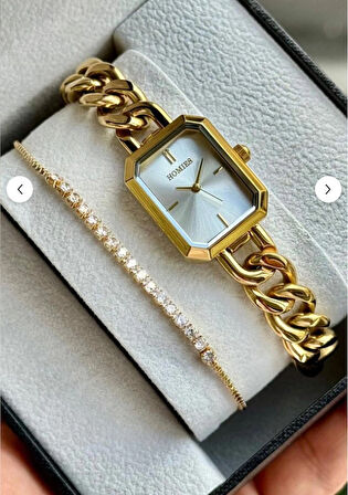 Bileklik Görünümlü Gold Dikdörtgen Kasa Kadın Kol Saati