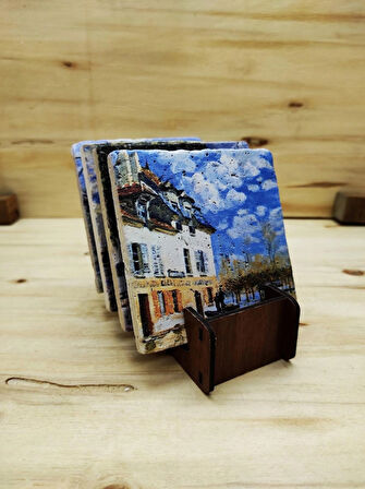 Alfred Sisley - Taş Bardak Altlığı 4'lü Set Standlı