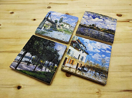 Alfred Sisley - Taş Bardak Altlığı 4'lü Set Standlı