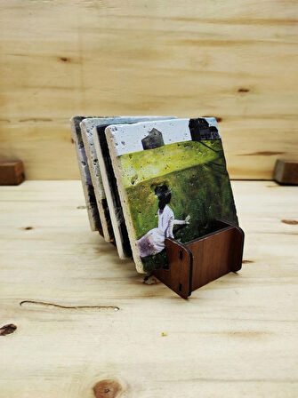 Andrew Wyeth - Traverten Bardak Altlığı 4'lü Set Standlı