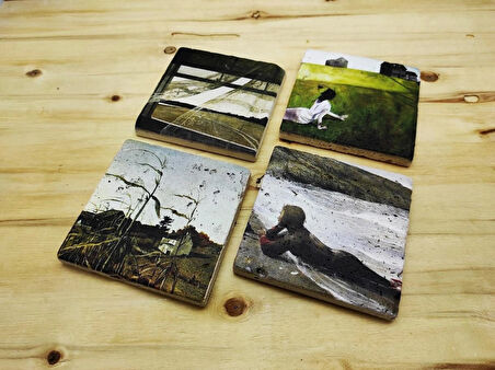 Andrew Wyeth - Traverten Bardak Altlığı 4'lü Set Standlı