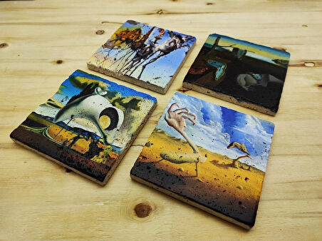 Salvador Dali - Taş Bardak Altlığı 4'lü Set Standlı