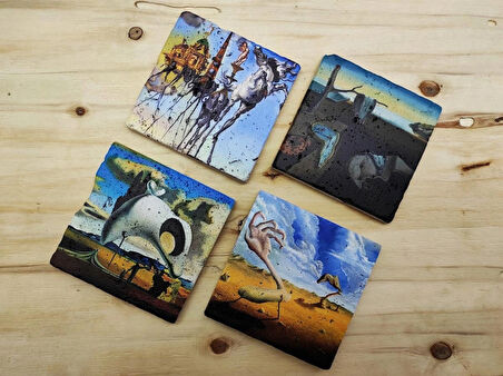 Salvador Dali - Taş Bardak Altlığı 4'lü Set Standlı