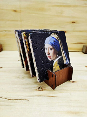 Johannes Vermeer- Taş Bardak Altlığı 4'lü Set Standlı