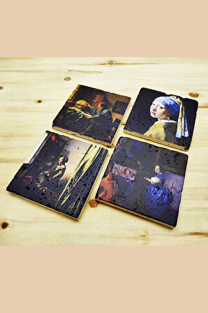 Johannes Vermeer- Taş Bardak Altlığı 4'lü Set Standlı