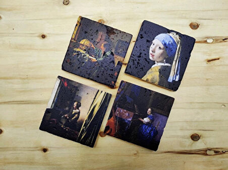 Johannes Vermeer- Taş Bardak Altlığı 4'lü Set Standlı