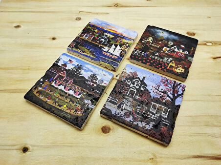 Jane Wooster Scott- Taş Bardak Altlığı 4'lü Set Standlı