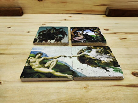 Michelangelo - Taş Bardak Altlığı 4'lü Set Standlı