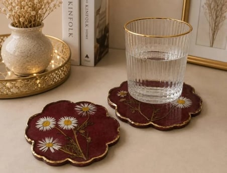 1elisam_epoksi paptyalı bordo -gold kenar boyalı epoksi bardak altlık (2adet)