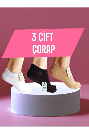 3 Çift Babet Çorap Görünmez Spor Yoga Pilates Kaymaz Silikon Taban 36-40 Siyah Beyaz Krem Dikişsiz