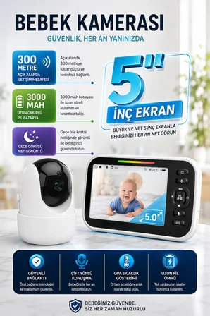 Bebek Kamerası LCD Ekranlı 5'' İNÇ Gece Görüşlü Ninni Söyleyen Ağlama Sensörlü Bebek Odası Kamerası