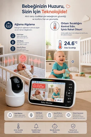 Bebek Kamerası LCD Ekranlı 5'' İNÇ Gece Görüşlü Ninni Söyleyen Ağlama Sensörlü Bebek Odası Kamerası