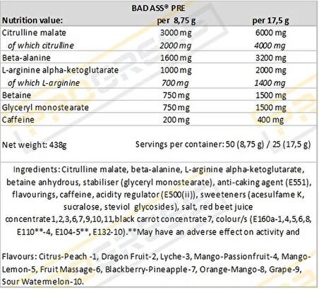 BAD ASS PREWORKOUT  438 g - 50 SERVİS