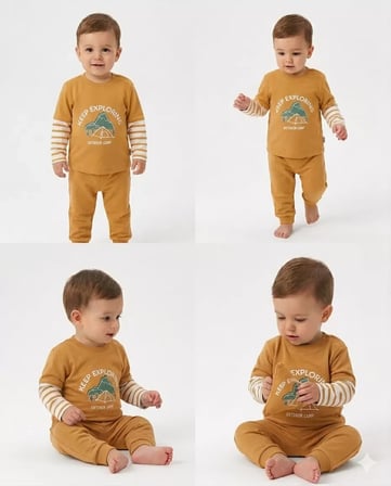 / Ay Çizgili Kol Detaylı Baskılı Bebek Takımı