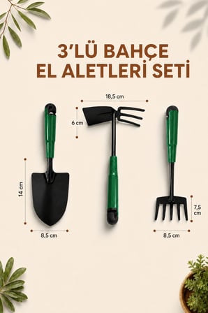 Kürek Çapa Tırmık 3'lü Hobi Seti Metal Bahçe Tarla Çim Peyzaj Bitki Çiçek Ekme Toprak İşleme Küreği Çapası Tırmığı Küçük
