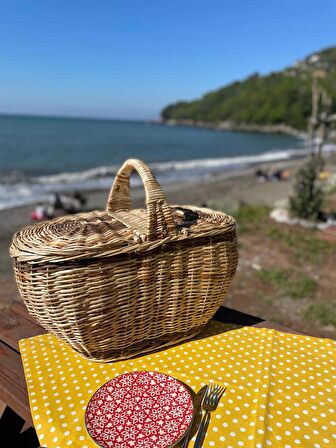 Beyaz Atölyem Kapaklı Hasır Piknik Sepeti