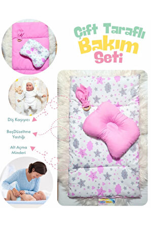 Çift Taraflı Bebek Bakım Seti - Alt Açma Minderi, Baş Düzeltme Yastığı ve Ahşap Diş Kaşıyıcı