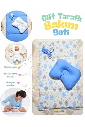 Çift Taraflı Bebek Bakım Seti - Alt Açma Minderi, Baş Düzeltme Yastığı ve Ahşap Diş Kaşıyıcı