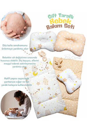 Çift Taraflı Bebek Bakım Seti - Alt Açma Minderi, Baş Düzeltme Yastığı ve Ahşap Diş Kaşıyıcı