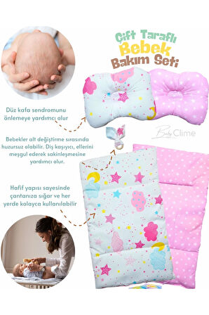 Çift Taraflı Bebek Bakım Seti - Alt Açma Minderi, Baş Düzeltme Yastığı ve Ahşap Diş Kaşıyıcı