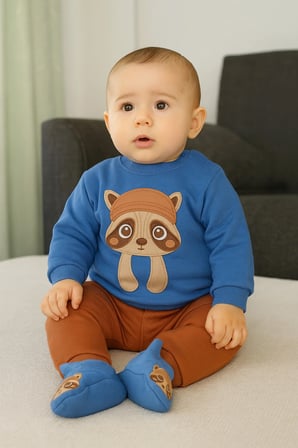 Erkek Bebek Panduflu Rakun Desenli 3 İplik Şardonlu Kışlık Uzun Kollu Alt Üst Bebek Takımı