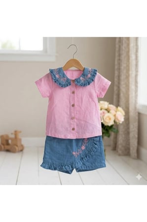 Kız Çocuk Nakış Detaylı Bebe Yaka Gömlek ve Denim Şort Etek Çocuk Takımı