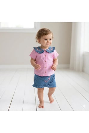 Kız Çocuk Nakış Detaylı Bebe Yaka Gömlek ve Denim Şort Etek Çocuk Takımı