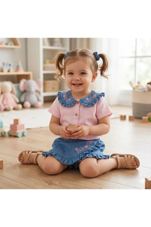 Kız Çocuk Nakış Detaylı Bebe Yaka Gömlek ve Denim Şort Etek Çocuk Takımı