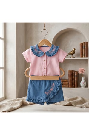 Kız Çocuk Nakış Detaylı Bebe Yaka Gömlek ve Denim Şort Etek Çocuk Takımı