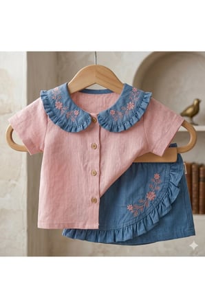 Kız Çocuk Nakış Detaylı Bebe Yaka Gömlek ve Denim Şort Etek Çocuk Takımı