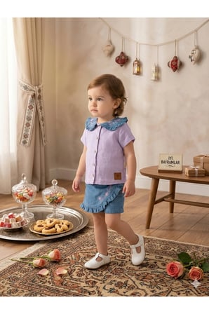 Kız Çocuk Nakış Detaylı Bebe Yaka Gömlek ve Denim Şort Etek Çocuk Takımı