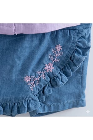 Kız Çocuk Nakış Detaylı Bebe Yaka Gömlek ve Denim Şort Etek Çocuk Takımı