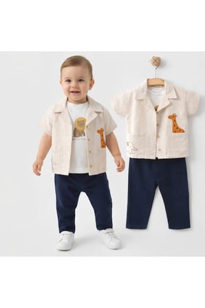 Erkek Bebek 3'lü Takım - Aslan ve Zürafa Nakışlı %100 Pamuklu Müslin Gömlek, Tişört ve Pantolon Seti