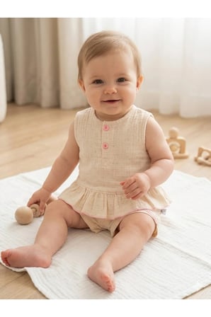 Kız Bebek Müslin Takım - Pembe Puantiyeli Fırfırlı Şortlu Takım - %100 Pamuklu