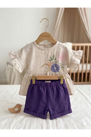 Boho Stil Kız Bebek Fırfırlı Keten Takım - Çiçekli Bluz ve Şort Kombin