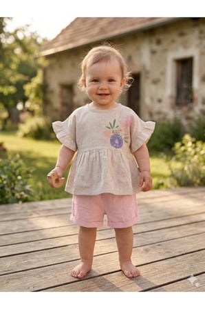 Boho Stil Kız Bebek Fırfırlı Keten Takım - Çiçekli Bluz ve Şort Kombin