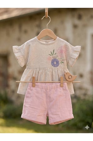 Boho Stil Kız Bebek Fırfırlı Keten Takım - Çiçekli Bluz ve Şort Kombin