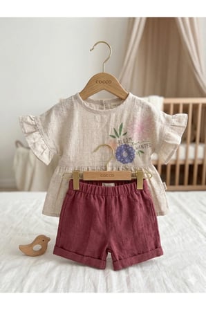 Boho Stil Kız Bebek Fırfırlı Keten Takım - Çiçekli Bluz ve Şort Kombin