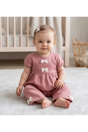 Kız Bebek Fiyonklu Keten Takım Yazlık Bluz Pantolon Takım