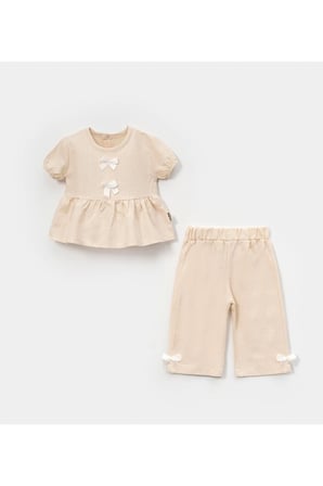 Kız Bebek Fiyonklu Keten Takım Yazlık Bluz Pantolon Takım Pembe