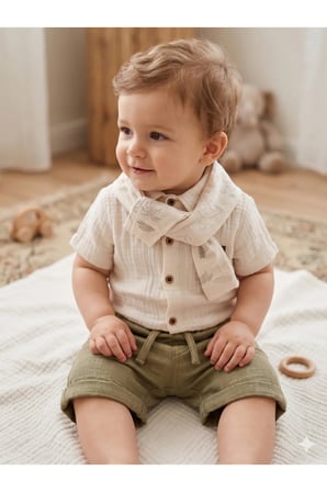 Erkek Bebek Yaka Detaylı Muslin Gömlek ve Şort Takımı - Bayramlık ve Günlük Kombin