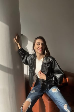 Prifaldi Pb BALON KOL Oversize Siyah Deri Ceket 