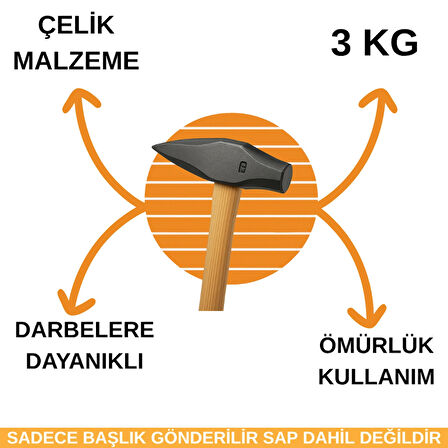 Beylini 3KG Balyoz Başlığı Çelik Uçlu Sivri Yassı Çift Taraflı Profesyonel Yıkım Inşaat Şantiye Sanayi Balyozu