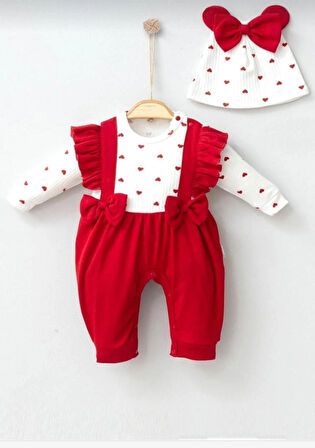 Kız Bebek Sevimli Kalpli Kırmızı Fırfırlı Askılı Yenidoğan Fiyonklu Bereli Tulum