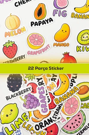 İngilizce Meyveler Sticker Paketi 22 Parça Kaliteli Su Geçirmez Etiket Seti