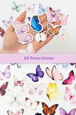 Renkli Kelebekler Sticker Paketi 22 Parça Kaliteli Su Geçirmez Etiket Seti