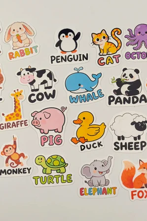 İngilizce Hayvanlar Sticker Paketi 25 Parça Kaliteli Su Geçirmez Etiket Seti